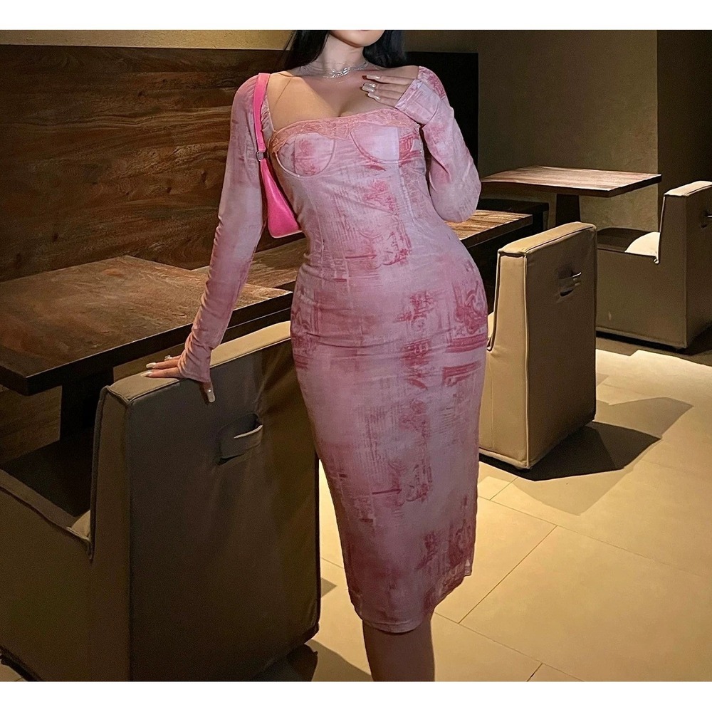 Ruched Bust Corset Bodycon Midi Dress Sheer‎ Long Sleeve Pink Patterned